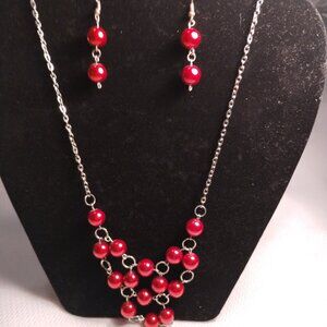 Handmade Necklace earrings set red silver tone